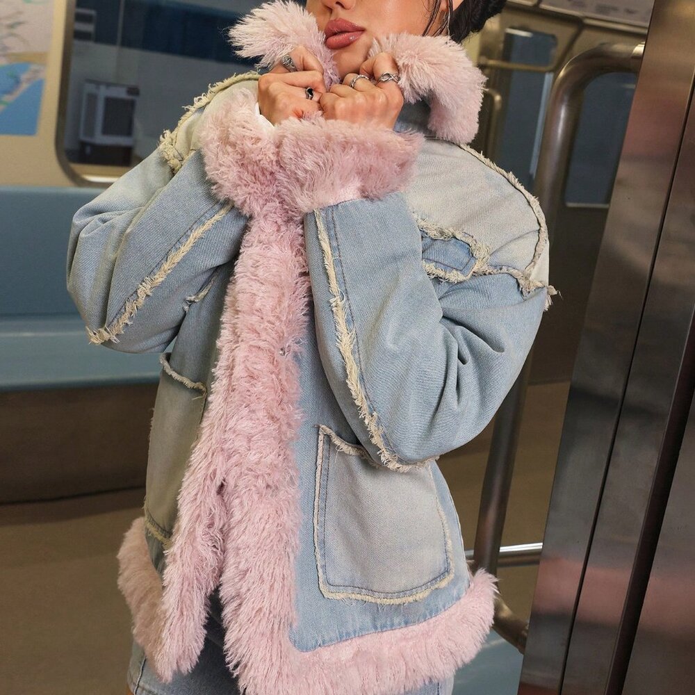 Blue Casual Women's faux fur Pocket detaile Long Sleeve Denim Jacket - Picture 8 of 8